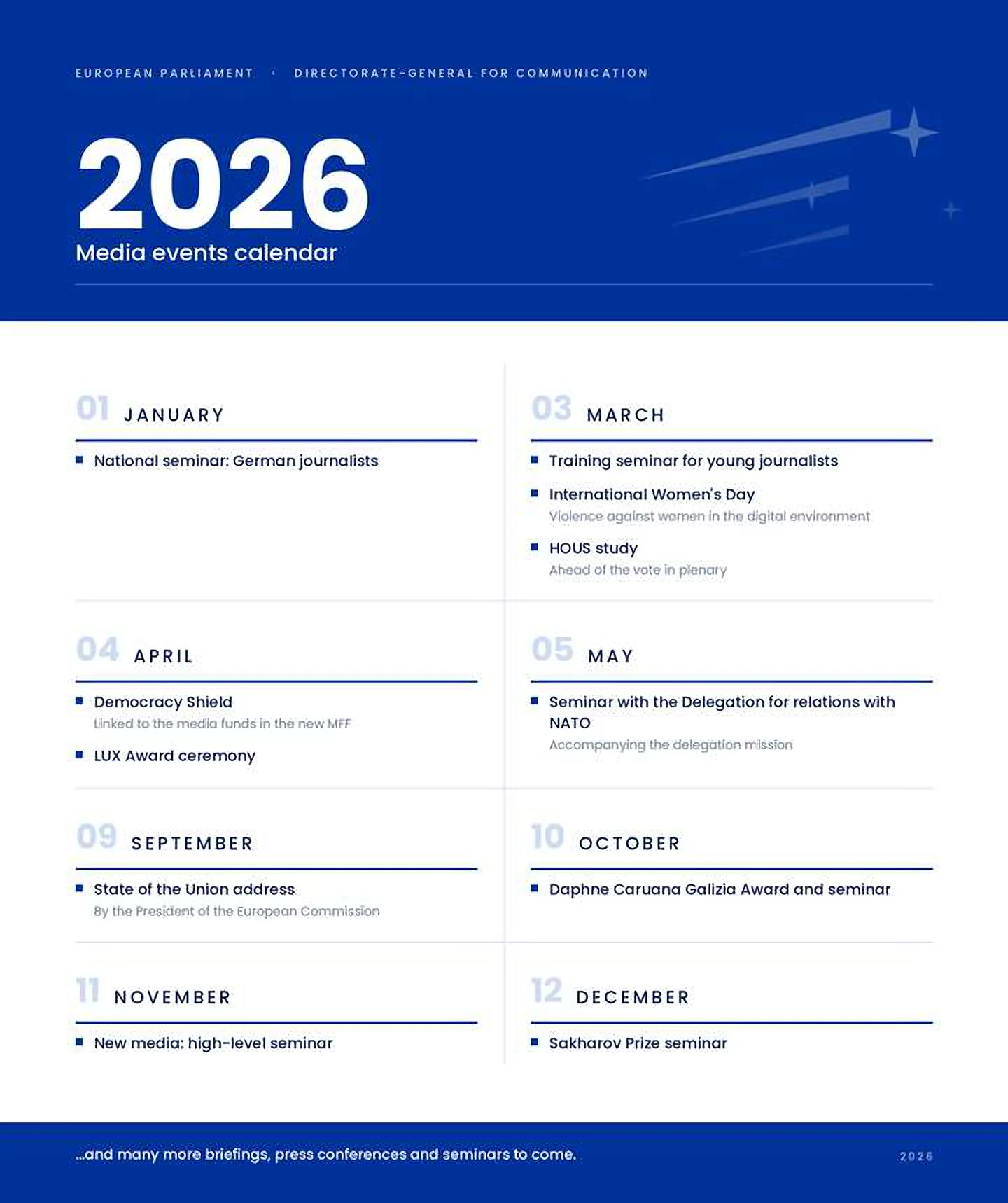 2026 media events calendar infographic in European Parliament blue