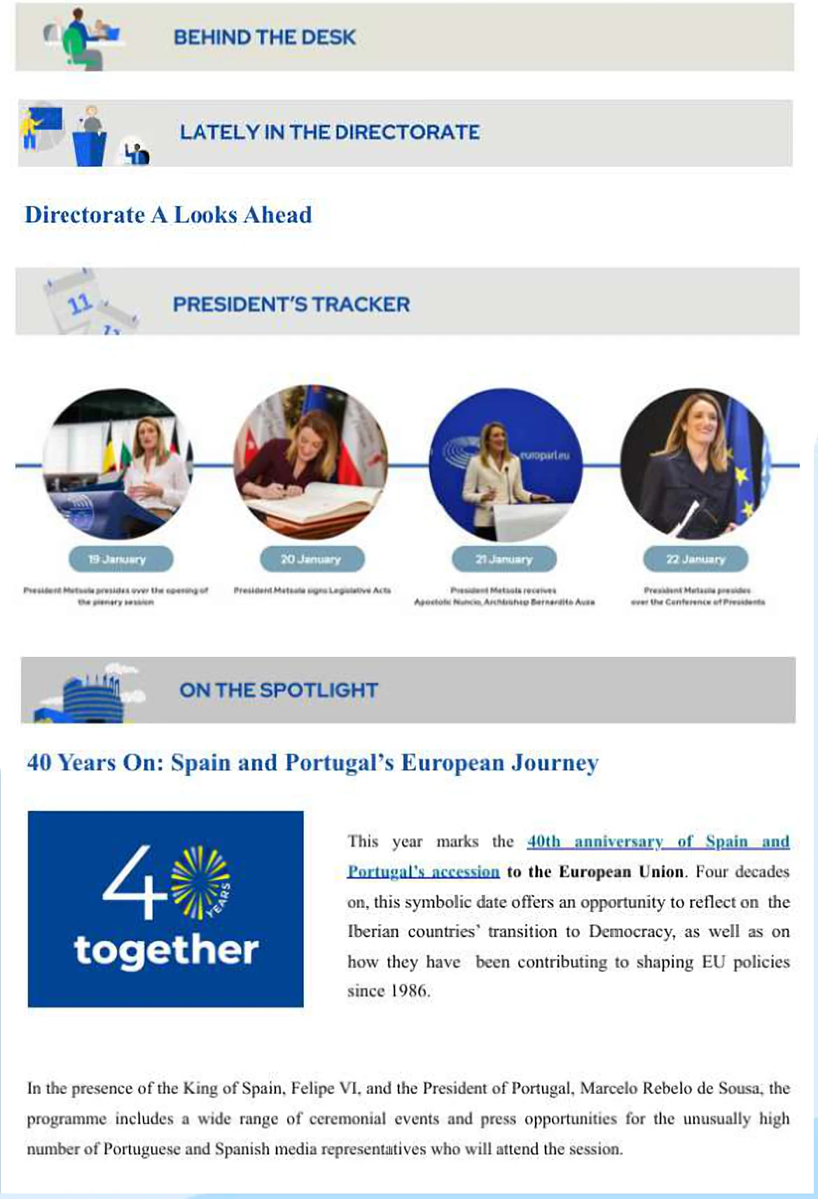 Newsletter issue with sections Behind the desk, Lately in the directorate, President's tracker and On the spotlight
