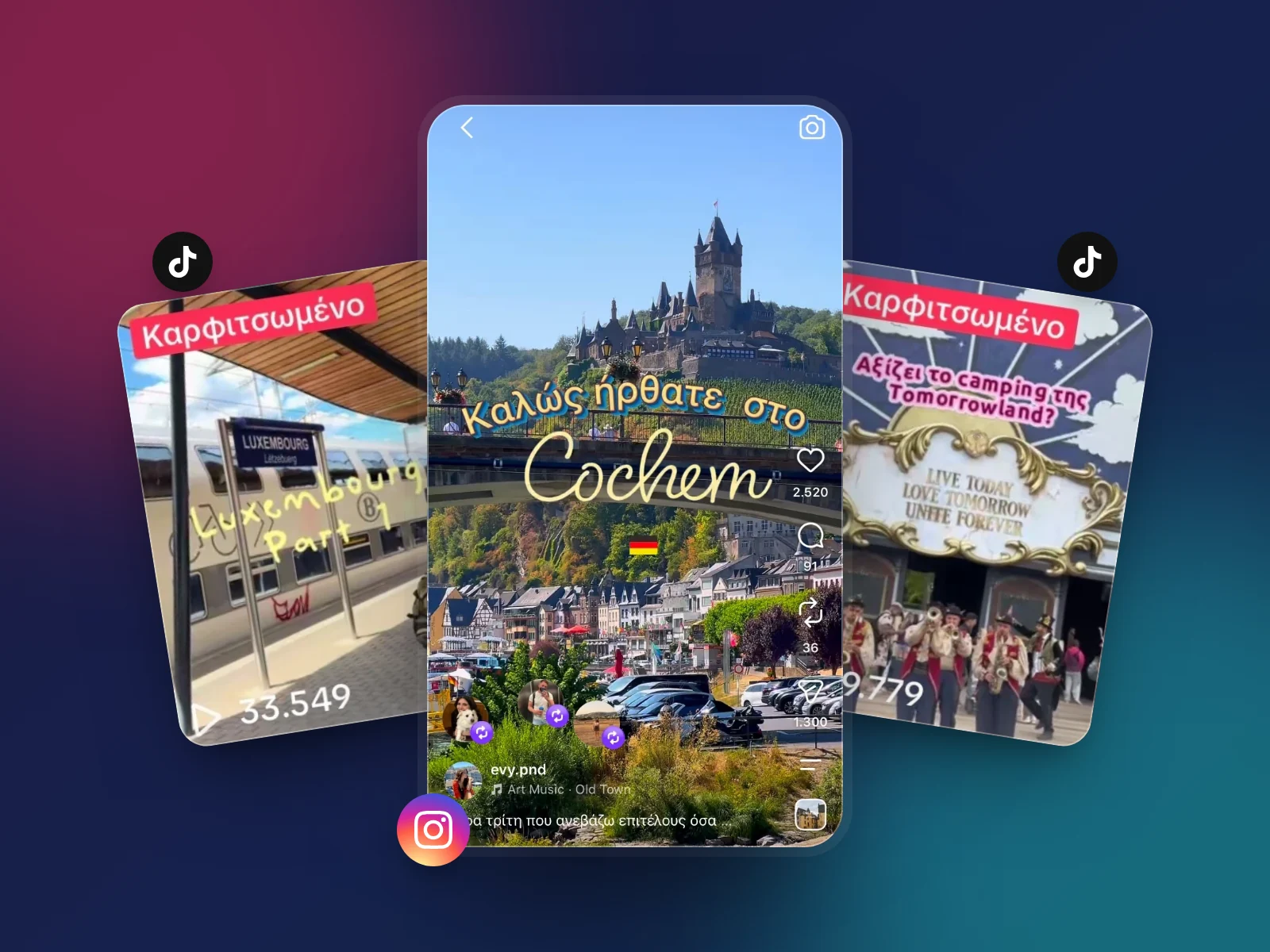 An Instagram reel between two pinned TikTok videos